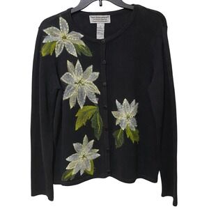 Vintage 80s Holiday Christmas Cardigan Sweater Poinsettia XL Dark Gray Beaded